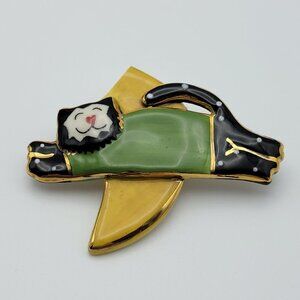 Vintage Gold Plated Porcelain Enamel Cat Brooch 2.25 Inch Multicolor Signed LM